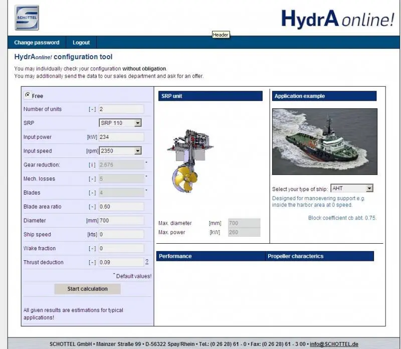 Schottel online calculation interface for provisional calculation of the propeller design