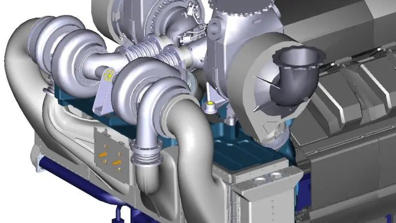Illustration of the 2-stage turbocharger on a Wärtsilä 32 engine