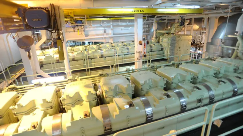 View of the engine room aboard the José María Entrecanales showing two of the MAN 9L48/60B main engines