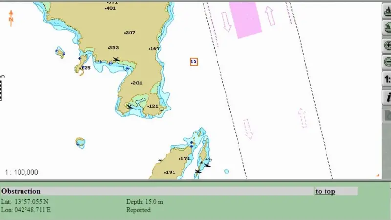A shoal spot sounding of 15m within the safe water area is encoded as an obstruction on TX 97 charts created from paper sources and is always shown in standard and base display modes