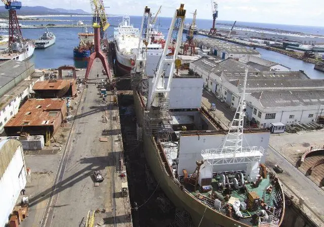 The general cargo ship Umiavut and the fruit juice carrier Orange Sky in drydock at Estaleiros Navais de Viana do Castelo