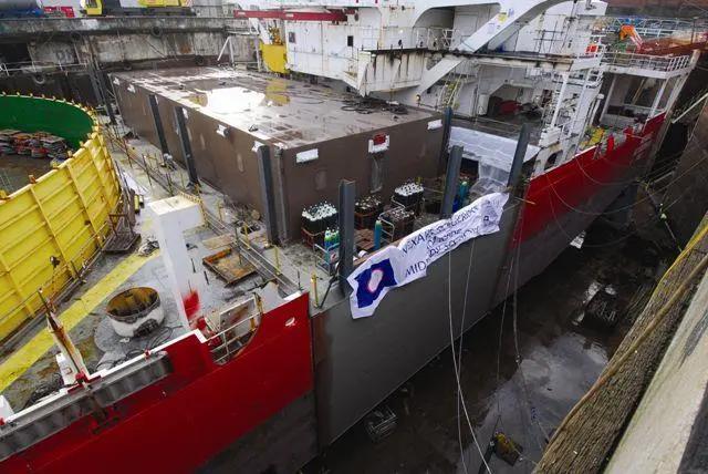 The cable layer Nexans Skagerrak in drydock at Cammell Laird with new mid-ship section in place