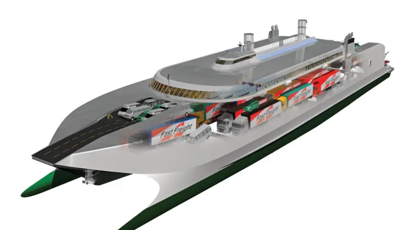 The Ecoship 130 can be fitted with solar panels and wind turbines on the superstructure roof