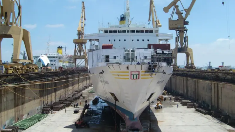 The ropax ferry Berkane drydocked at Navantia's Cadiz yard