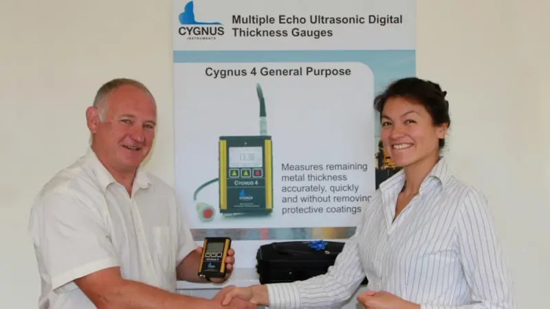 Leon Jennings receives his new Cygnus thickness gauge at Seawork