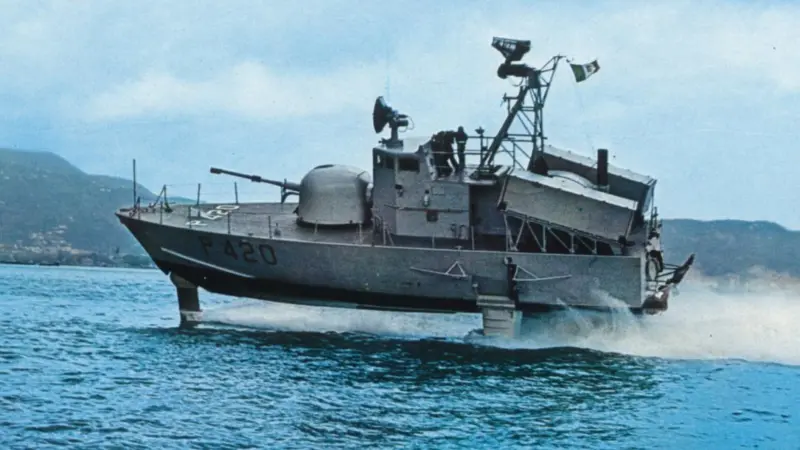An Italian Sparviero class military hydrofoil patrol vessel; a version is still in service in Japan