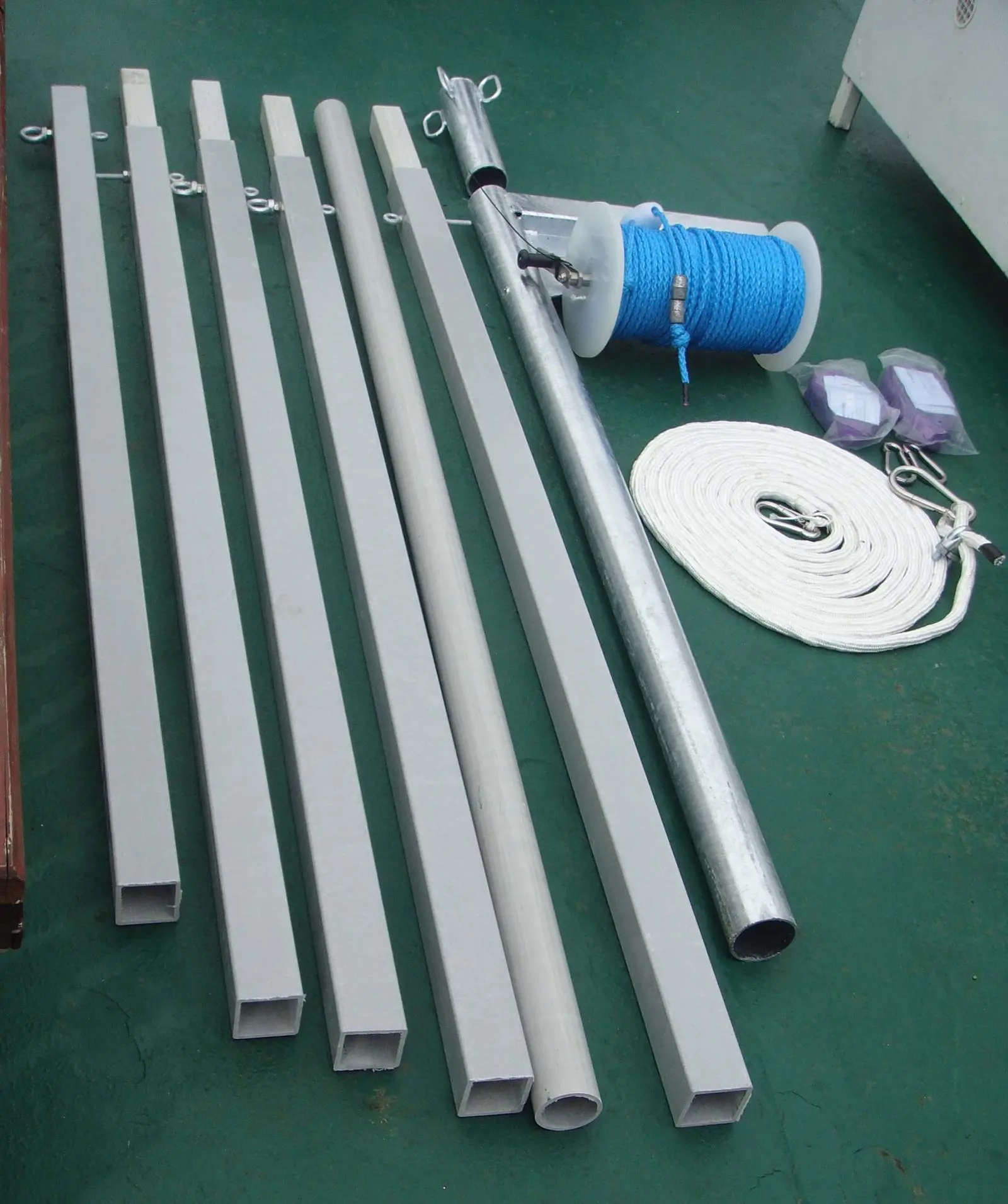 The kit of parts that make up one boom, with one of the lines, for MMWC’s propeller arrestor security device