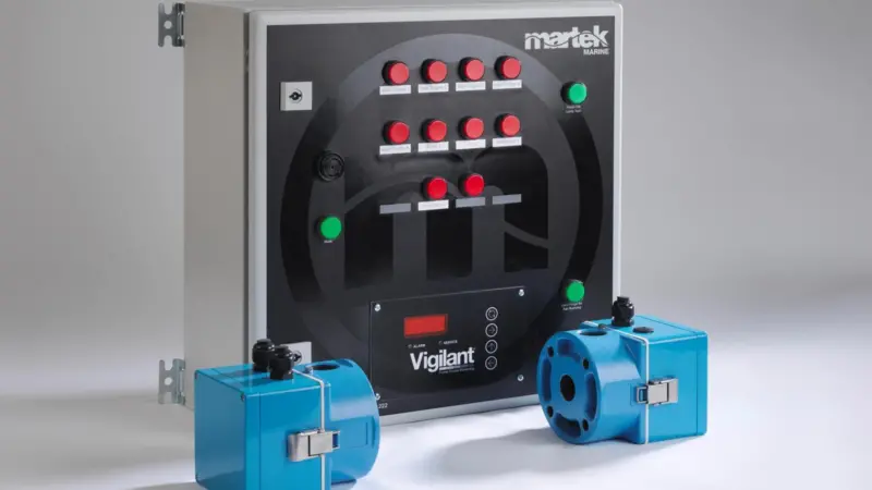 Martek Marine’s Vigilant system, showing the transmitter and receiver heads and the control panel