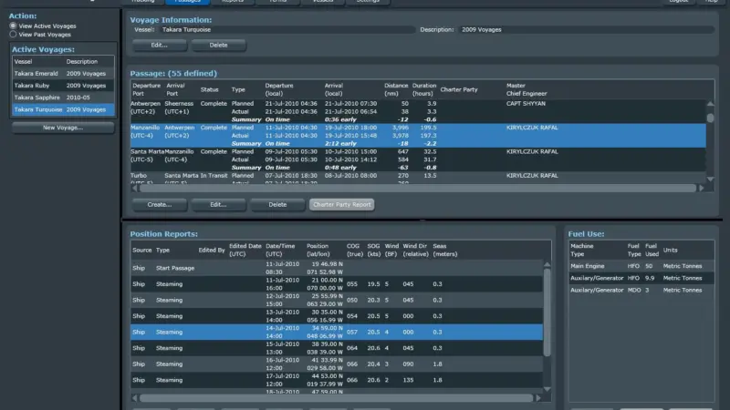 The screen shot demonstrates the ship information available with Jeppesen Fleet Manager, showing the status of the ship from the coloured indicators - green showing that everything is operating within accepted parameters and red being something ...