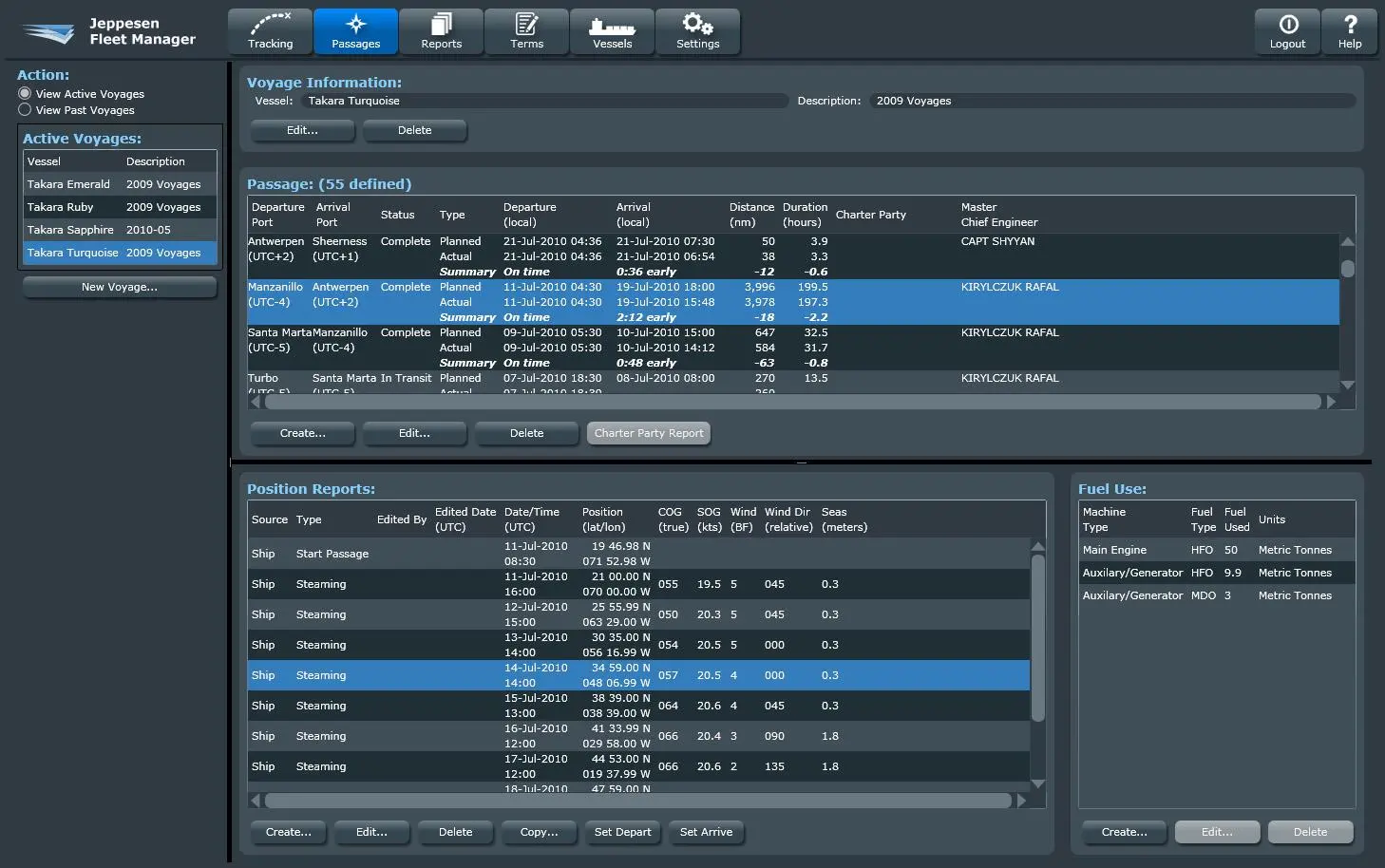 The screen shot demonstrates the ship information available with Jeppesen Fleet Manager, showing the status of the ship from the coloured indicators - green showing that everything is operating within accepted parameters and red being something ...
