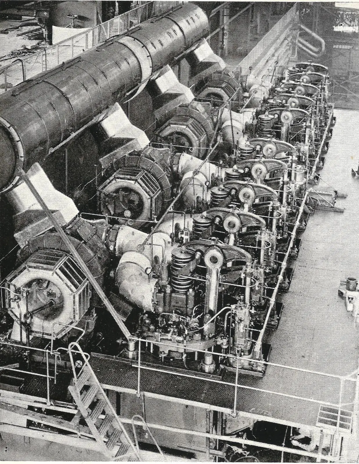 Cylinder top view of B&W 10-cylinder 840mm bore engine on the test bed