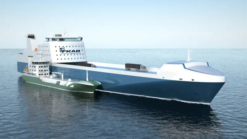 Illustration showing example of LNG bunker vessel refuelling LNG powered roro vessel