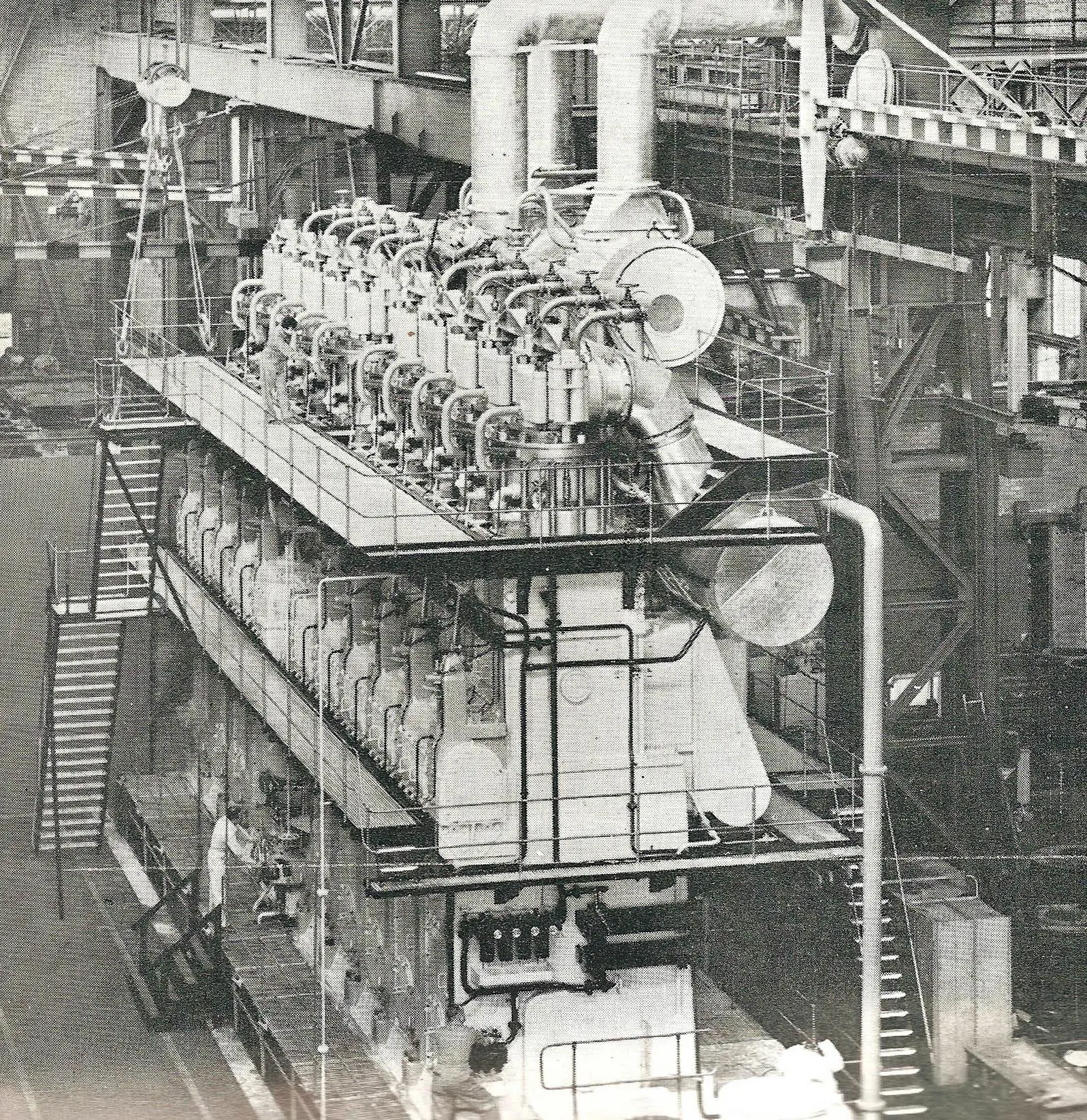 The first 850mm-bore Gotaverken engine, a 10-cylinder unit rated at 21,000 bhp, on test at the factory