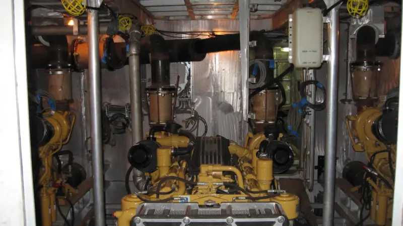 Three Caterpillar high speed diesels in a crewboat installation