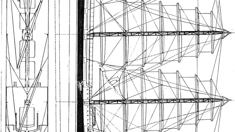 Drawing showing a generic square rigged sailing ship of 10,000 dwt fitted with the stayed Dyna-rig