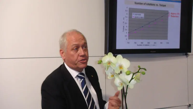 Paul Cain, European marketing manager for Chukogu Marine Paints, presents the new anti-foulings at Nor-Shipping