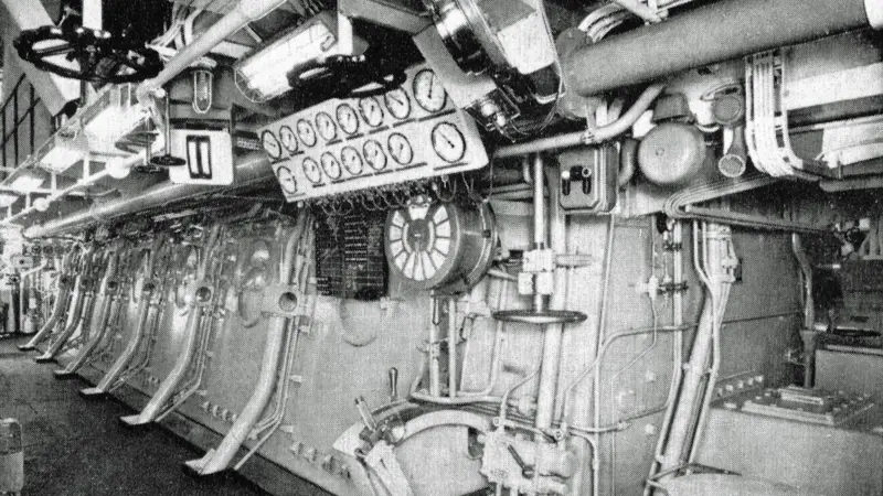 The port side of the Sulzer main engine in ‘Seine Lloyd’ showing the control position