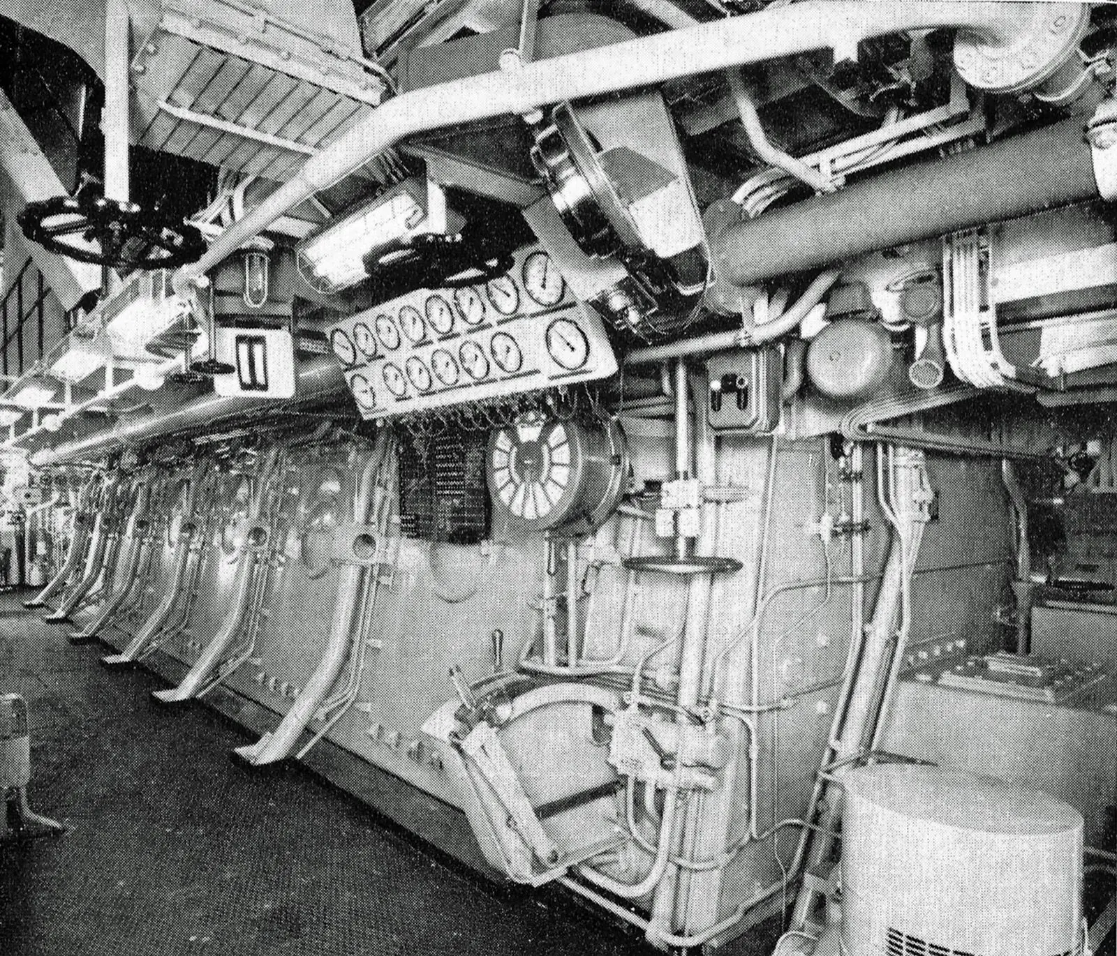 The port side of the Sulzer main engine in ‘Seine Lloyd’ showing the control position