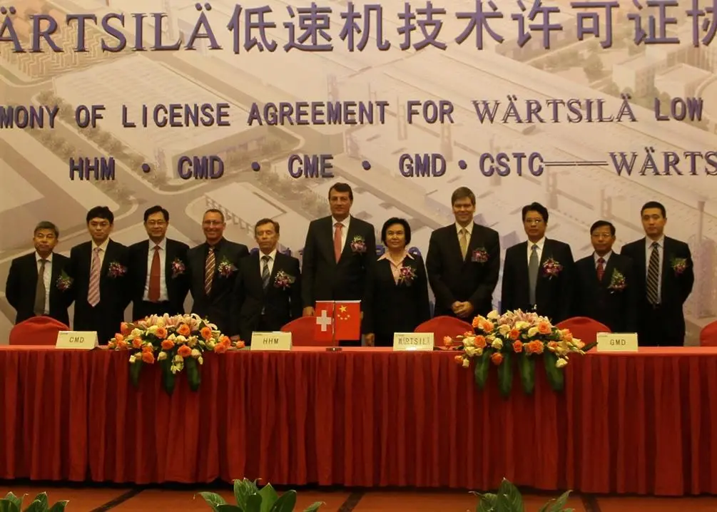 From left to right: Zhang Haisen, GM CME; Shao Yu, deputy GM CMD; Qin Wenquan, GM HHM; Andrew Stump, business manager - merchant ship power, Wärtsilä China; Urs Huwiler, license director Wärtsilä China; Martin Wernli, president Wärtsilä Switzerl...