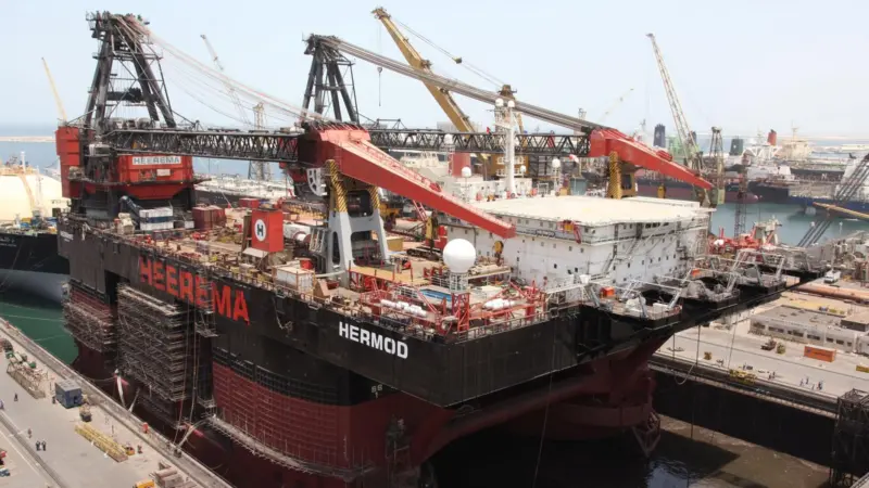 Semi-submersible crane vessel ‘Hermod’ undergoing refurbishment at Dubai