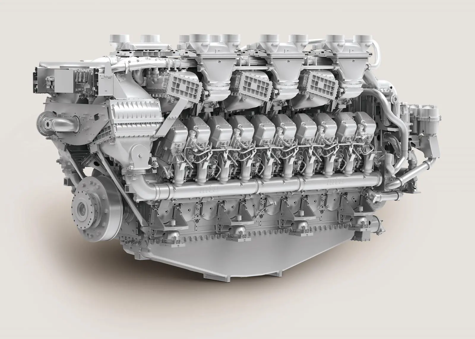 The new generation of MTU’s series 1163 engines sees a newly developed version of the engine, without exhaust after-treatment, seen here in the: 20-cylinder version