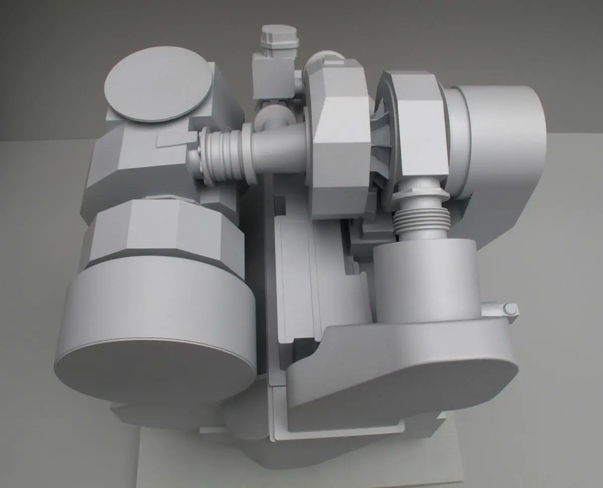 Model illustrating the compact architecture of MAN two-stage turbocharging with intermediate cooling