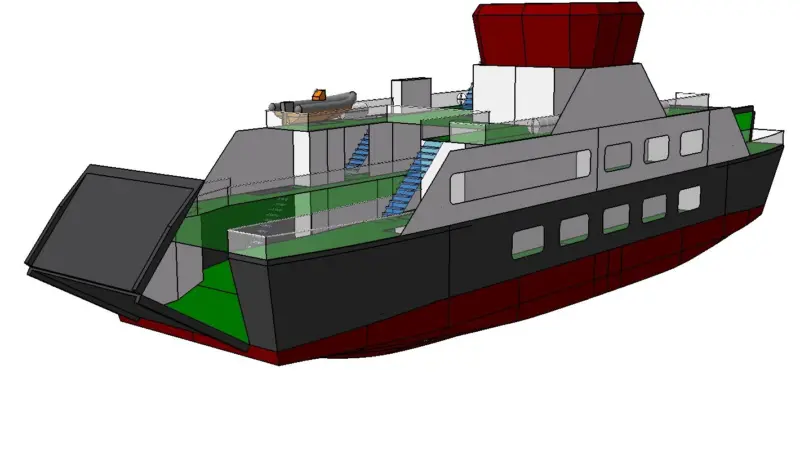 Preliminary drawing of the CalMac hybrid ferry showing the stern ramp configuration
