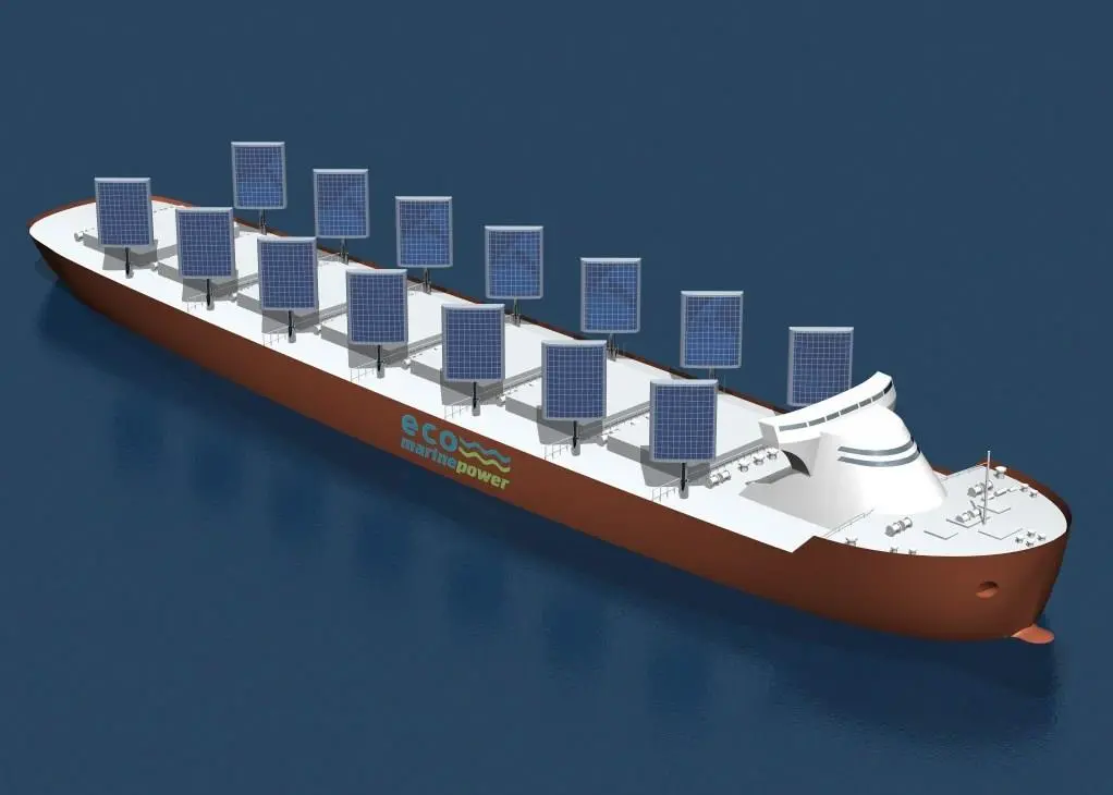 Impression of the Aquarius Eco Ship concept applied to a large bulk carrier where the rigid sails and solar modules help power the ship and reduce fuel consumption
