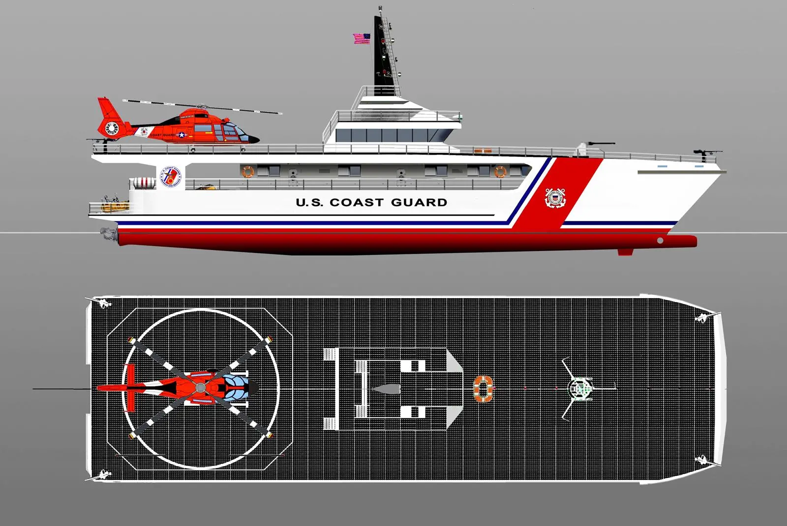 SCOD’s Coast Guard cutter design, showing solar (PV) cells and helipad