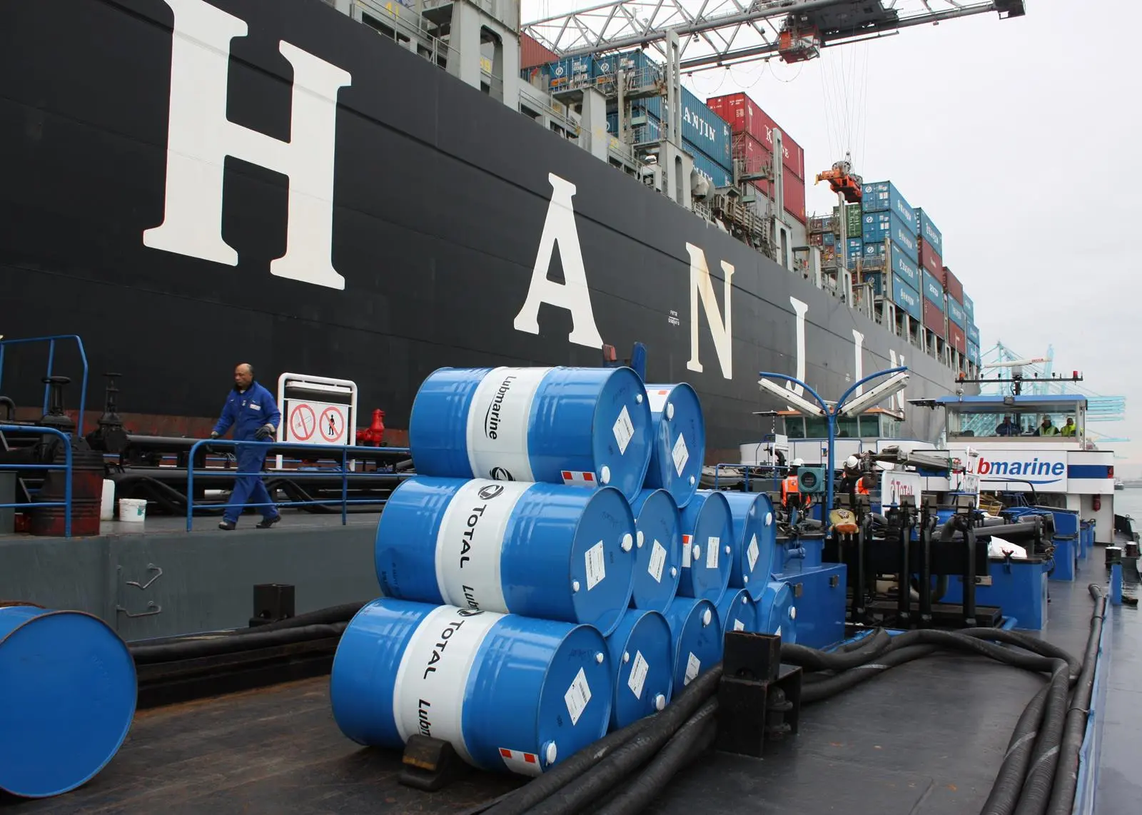 Lubmarine barrels on barge