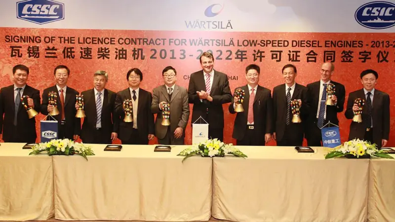 Representatives of Wärtsilä and its Chinese licensees at the recent signing ceremony in Shanghai, left to right: Liu Shuangzhi, CSTC; Guo Yabin, GMD; Zhang Haisen, CME; Kimihiko Sugiura, CMD; Gu Jitong, HHM; Martin Wernli, Wärtsilä; Wu Shu, DMD;...
