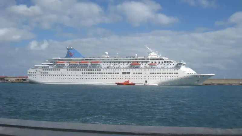 'Thomson Majesty' after the accident showing the upturned lifeboat beside the vessel