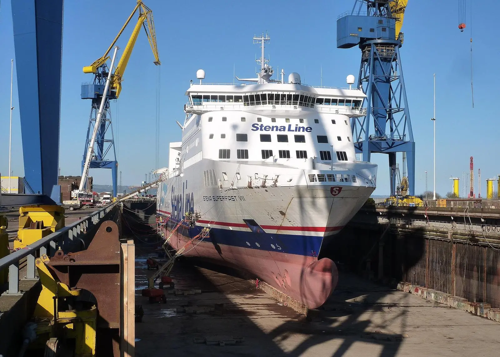 Repairs to two Stena Superfast ferries in Belfast included removal and repair of rudders, tail shaft removal and repair, blasting and painting, deck repairs, and main engine repairs