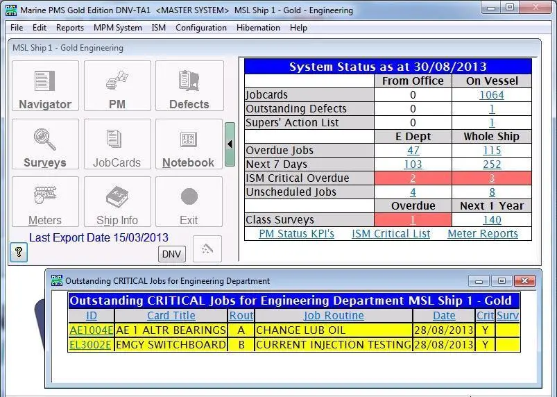 Marine Software’s new status screen on its Marine Planned Maintenance module