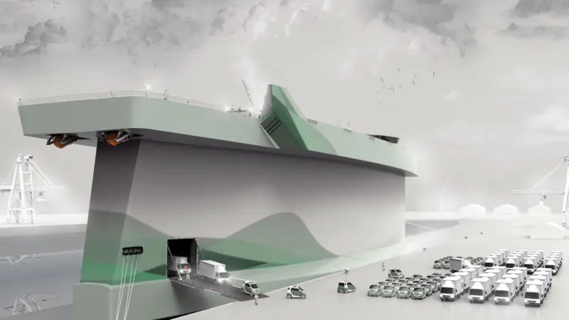 Norway’s Vindskip re-shapes the tall hull of a PCTC ship to provide ‘sail assistance’ to a gas powered propulsion plant, offering 60% fuel savings and 80% lower emissions