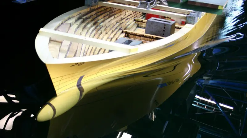The optimised designs were tested for efficiency at the Hamburg Ship Model Basin