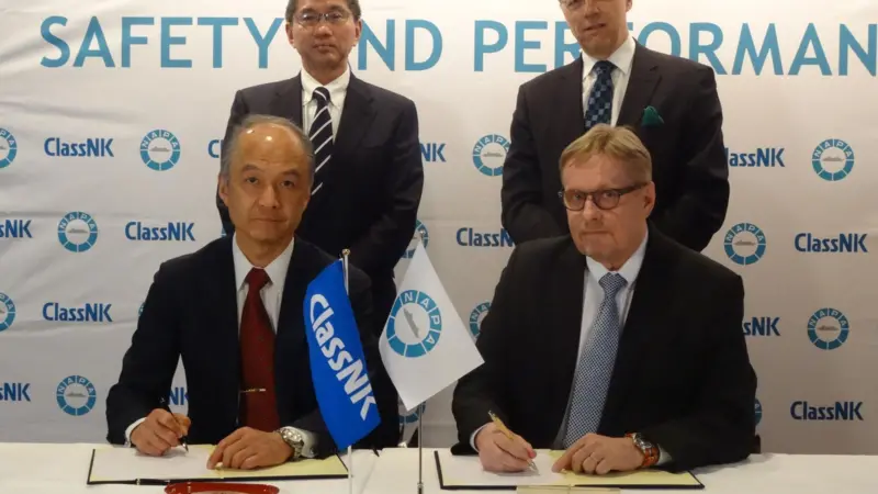 The acquisition of NAPA by Class NK is concluded byTetsuya Kinoshita, executive vice president, ClassNK (top left), Yasushi Nakamura, representative director, executive vice president, ClassNK (bottom left) Juha Heikinheimo, president, NAPA Grou...