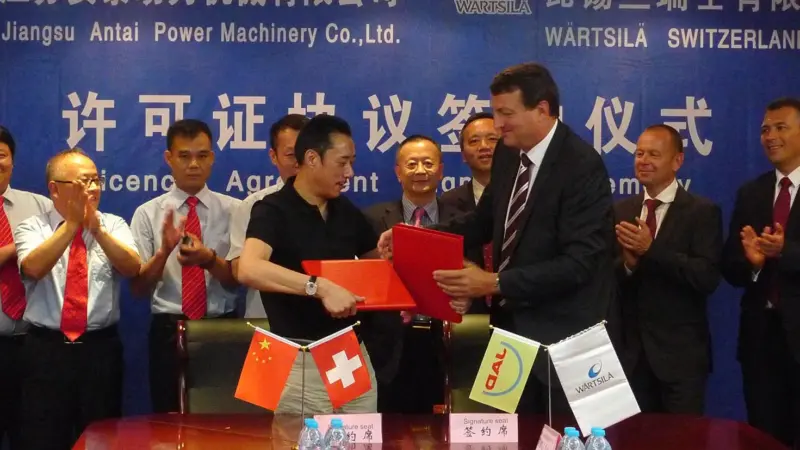 The agreement was signed in Jingjiang City, China by Mr Chen Guochong, chairman of JAD, and Wartsila Switzerland MD Martin Wernli