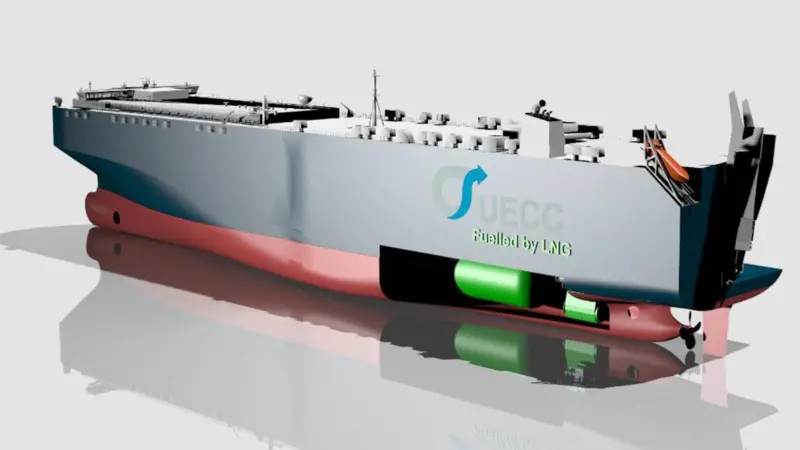 UECC’s latest PCTC design, showing location of LNG tanks and ME-GI main engine