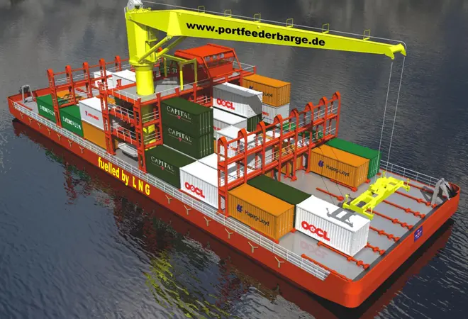 The feeder barge concept was developed for efficient movement of containers within ports such as Hamburg, the design including provision for gas fuel