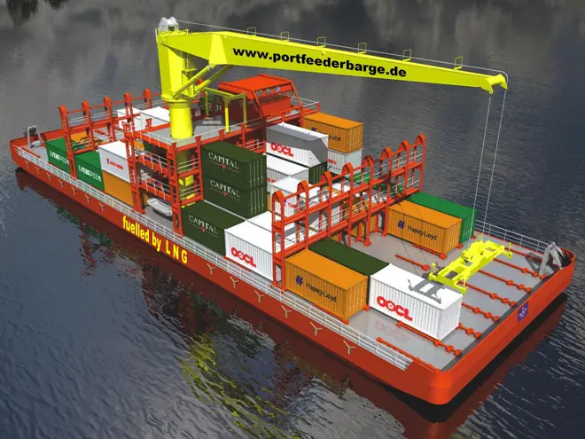 The feeder barge concept was developed for efficient movement of containers within ports such as Hamburg, the design including provision for gas fuel