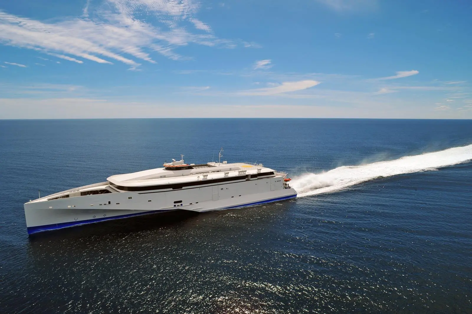 The high speed 102m trimaran ferry which will supplement Condor’s Channel Island services in 2015 following interior work by Trimline (picture credit: Austal)