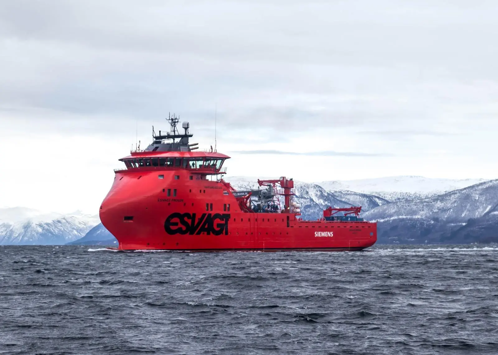 The first of three Havyard OSVs built for Esvagt makes its way from Leirvik