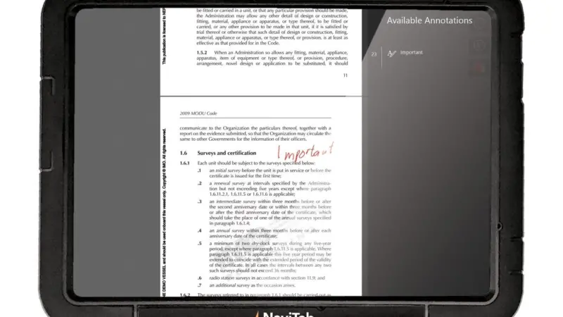 The NaviTab allows users to search and annotate marine publications stored in digital, instantly updatable format