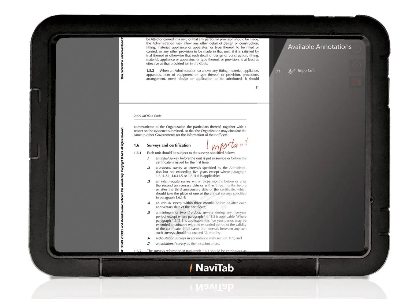 The NaviTab allows users to search and annotate marine publications stored in digital, instantly updatable format