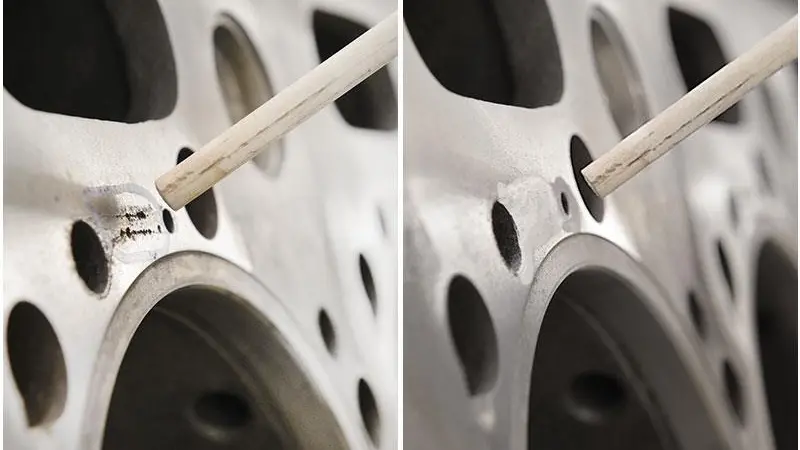 The supersonic speed at which the powder impacts the damaged surface compacts the powder into a solid layer and repairs the damage. Credit: www.mtu-report.com