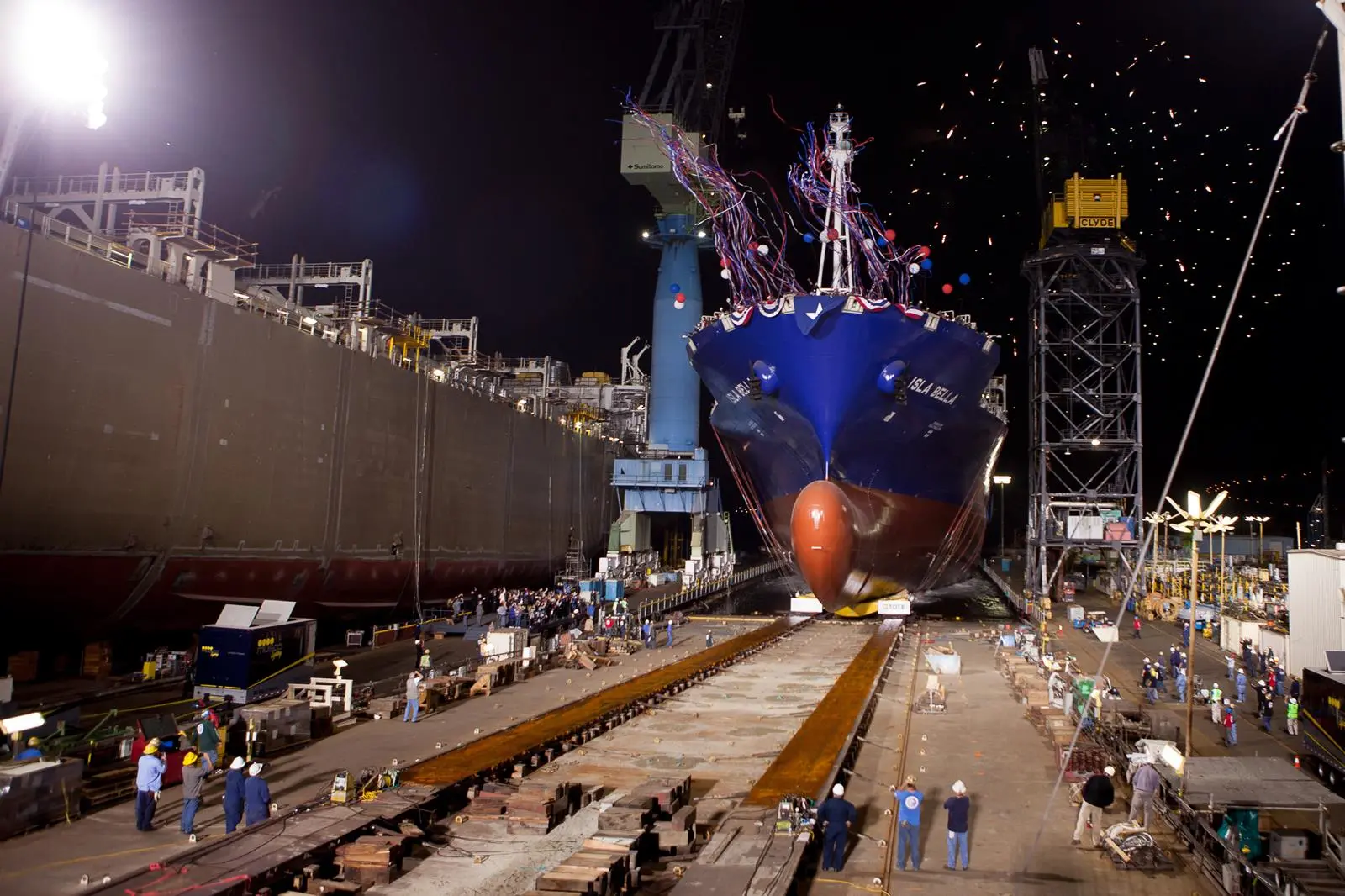 'Isla Bella', Tote's first Marlin class LNG-fuelled containership, on her launch at General Dynamis NASSCO