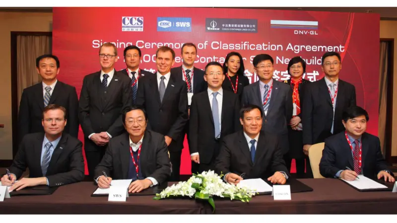 Left to right: Torgeir Sterri, DNV GL Vice President and Regional Manager in Greater China, Tao Ying, Technical Director of SWS, Shi Yongxin, Deputy General Manager of COSCON’s Safety & Technology Management Division, and Xu Li, Vice President o...