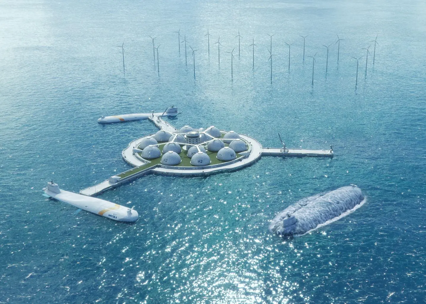 Artificial islands producing green energy from wind or solar sources would contribute to a reduced-emissions shipping sector