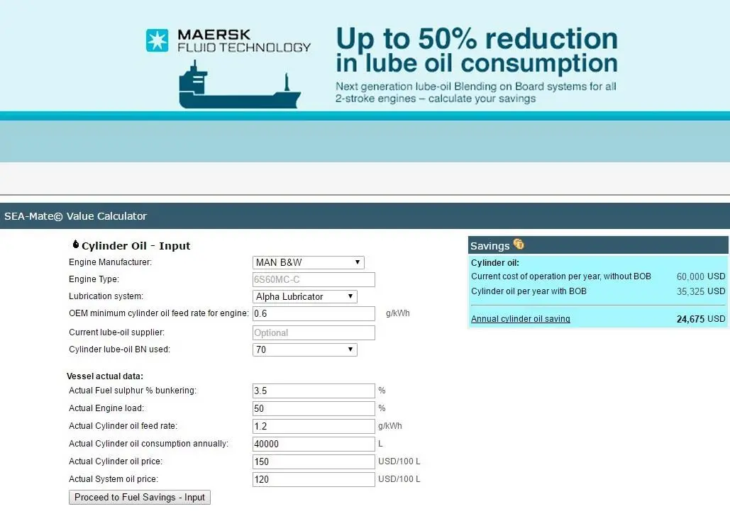 Maersk Fluid Technology's calculator highlights potential savings from using its blend-on-board cylinder lubrication system